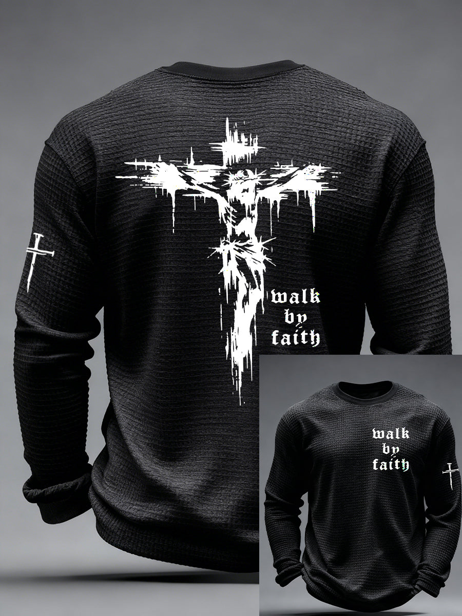 Christian Walk By Faith Cross Print Waffle Camiseta de manga larga para hombre