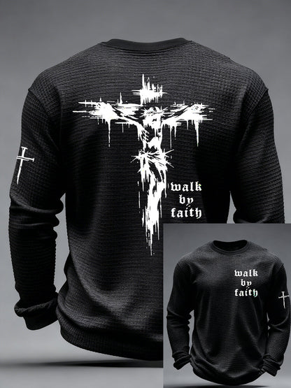 Christian Walk By Faith Cross Print Waffle Camiseta de manga larga para hombre