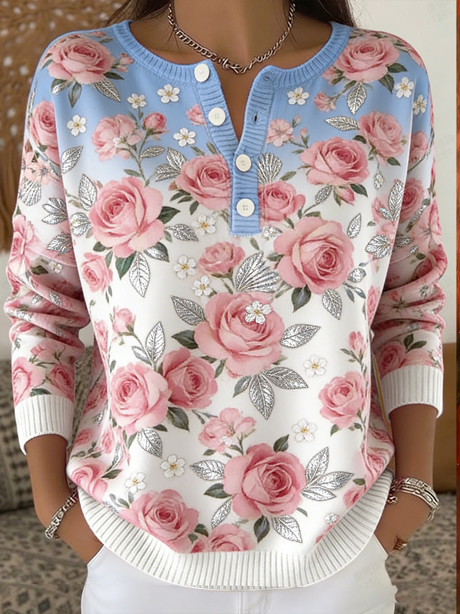 Top de punto cómodo con estampado floral retro para mujer
