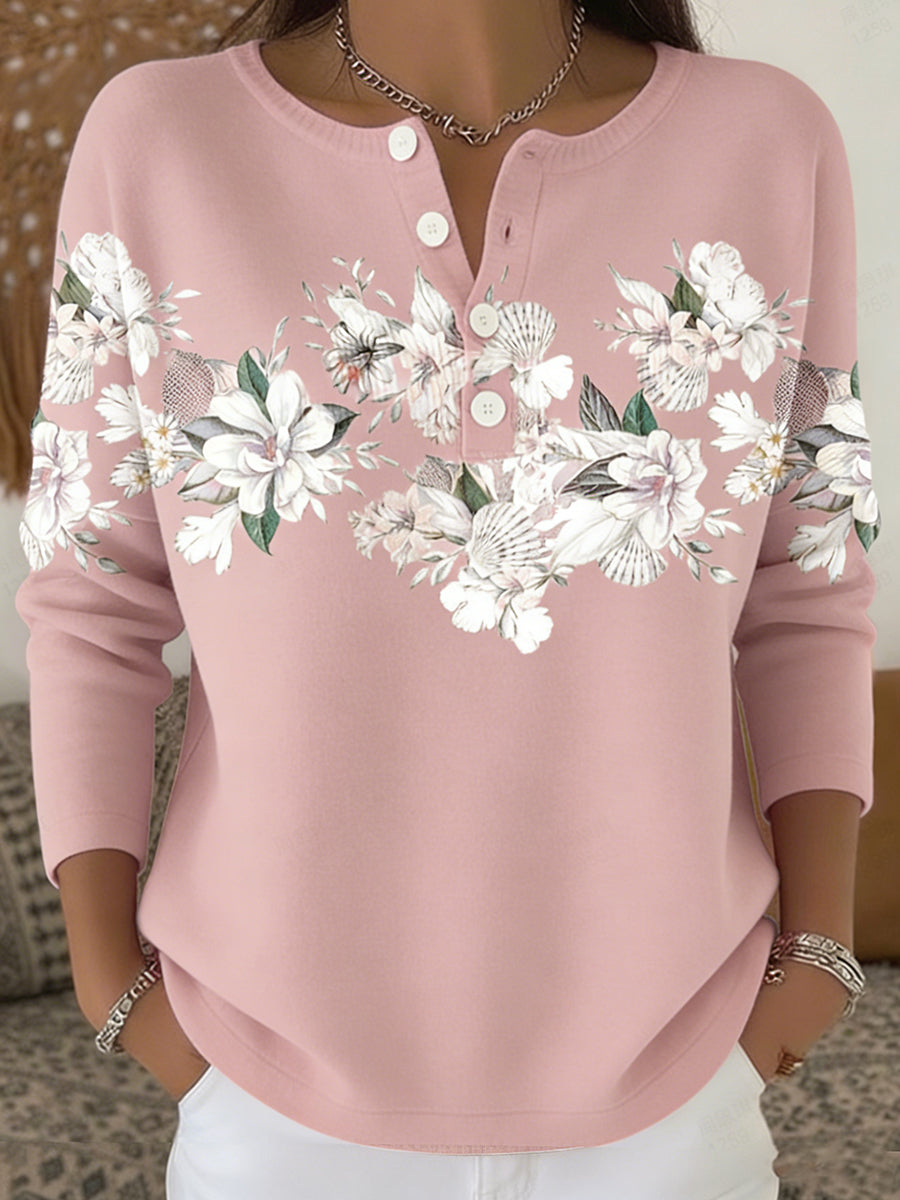 Top de punto cómodo con estampado floral retro para mujer