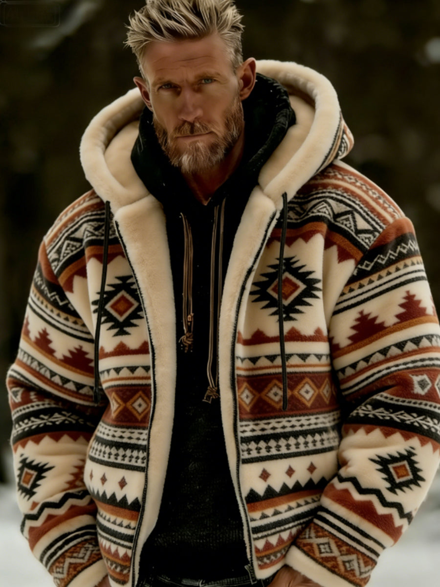 Chaqueta con capucha de invierno para hombre Aztecs Geometric Art Plush Warm Zip-Up