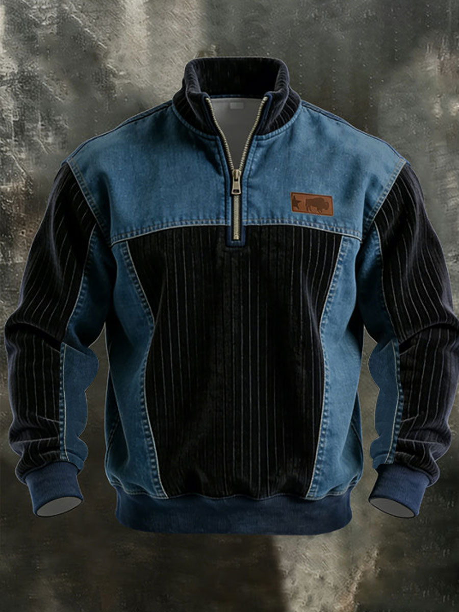 Hombres Vintage Patchwork Quarter Zip Sudadera
