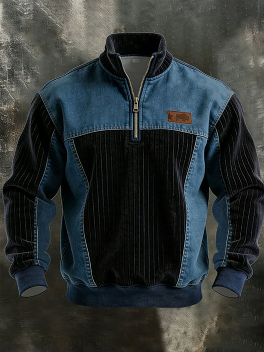 Hombres Vintage Patchwork Quarter Zip Sudadera