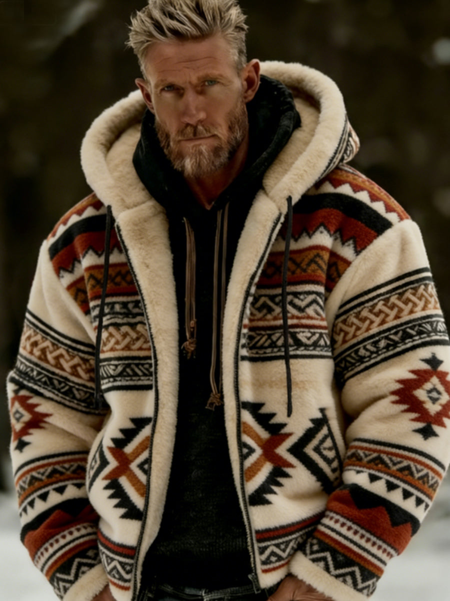 Chaqueta con capucha de invierno para hombre Aztecs Geometric Art Plush Warm Zip-Up