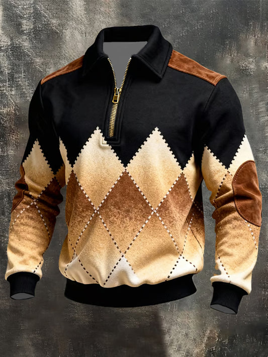Vintage Patchwork Zip Lapel Sudadera de los hombres