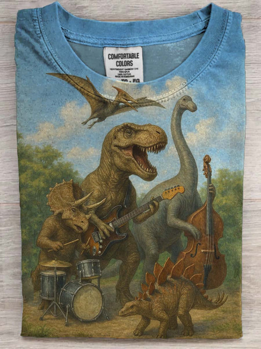 Camiseta de manga corta casual con estampado de banda de dinosaurio divertido