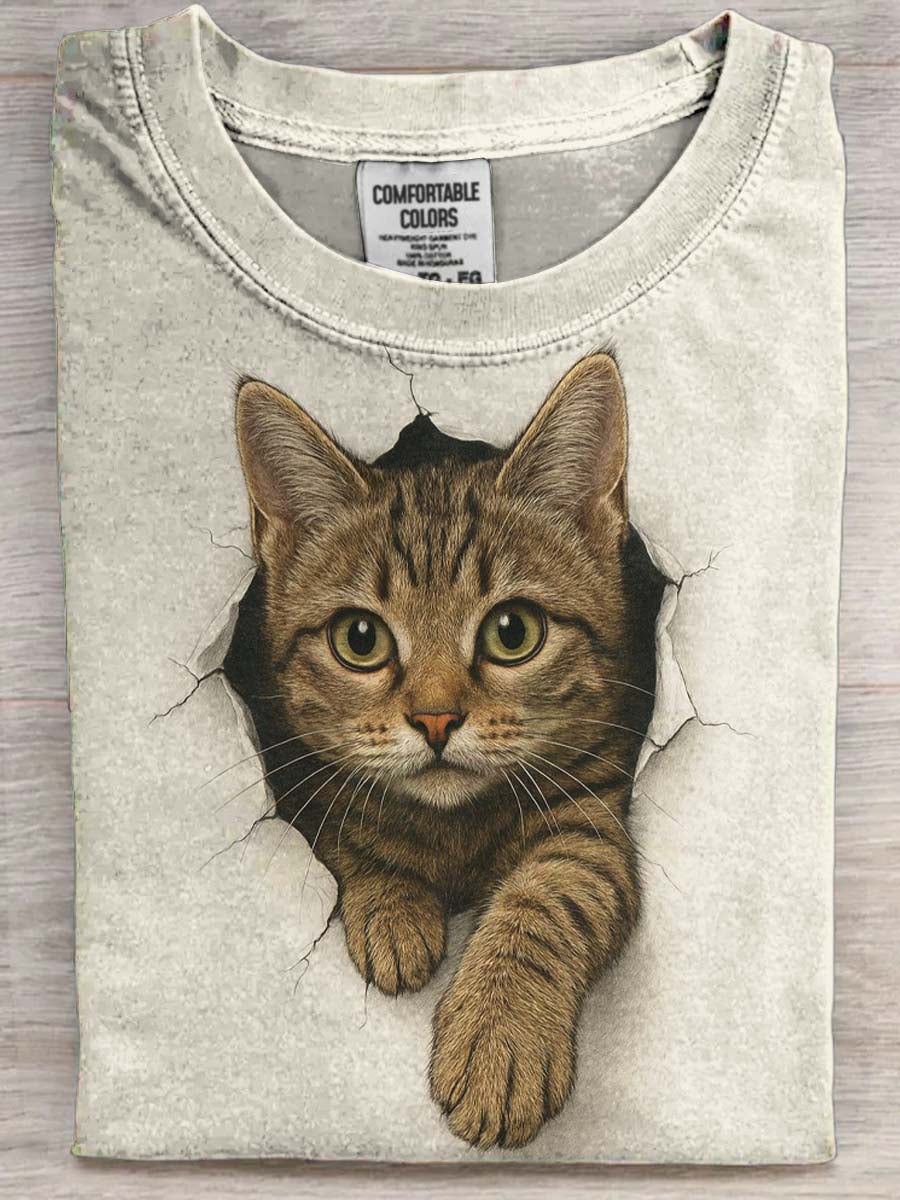 Camiseta de manga corta casual con estampado de gato divertido