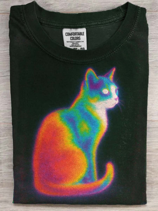 Camiseta informal de manga corta con estampado de gato abstracto