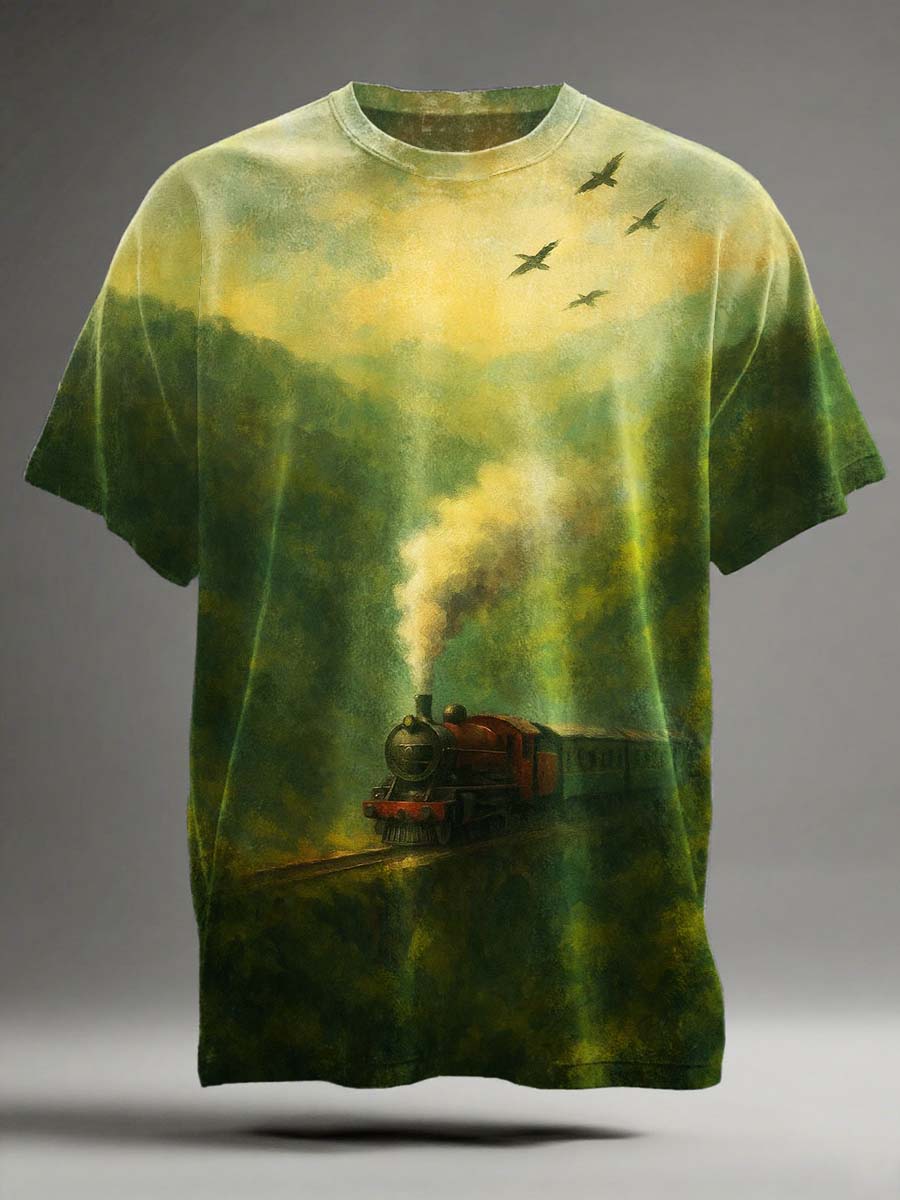 Camiseta de manga corta casual con estampado de tren de vapor retro