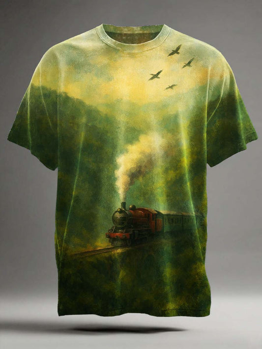 Camiseta de manga corta casual con estampado de tren de vapor retro