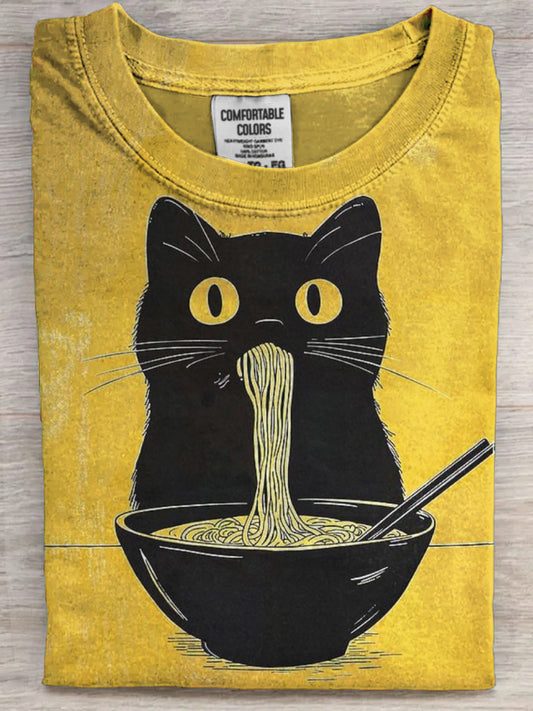 Camiseta casual de manga corta con estampado de gato de ramen divertido