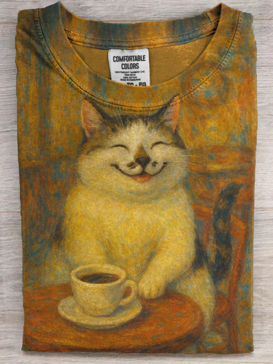 Camiseta de manga corta casual con estampado de gato lindo divertido