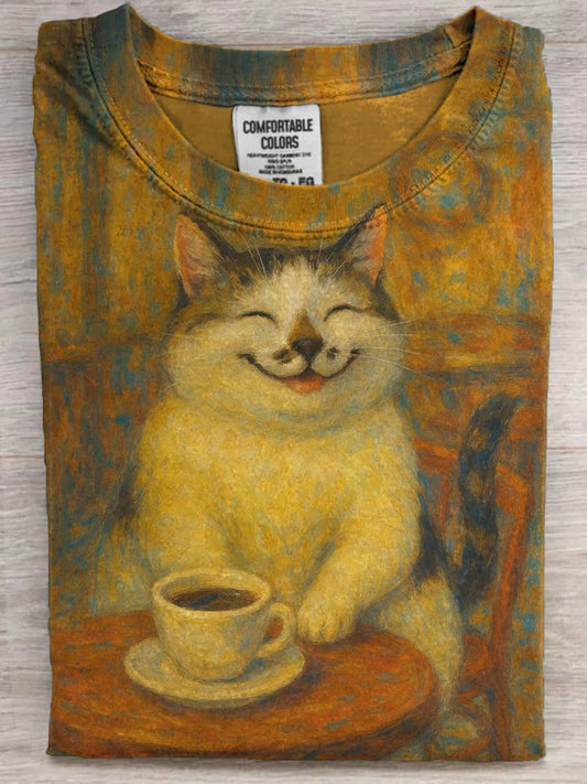 Camiseta de manga corta casual con estampado de gato lindo divertido