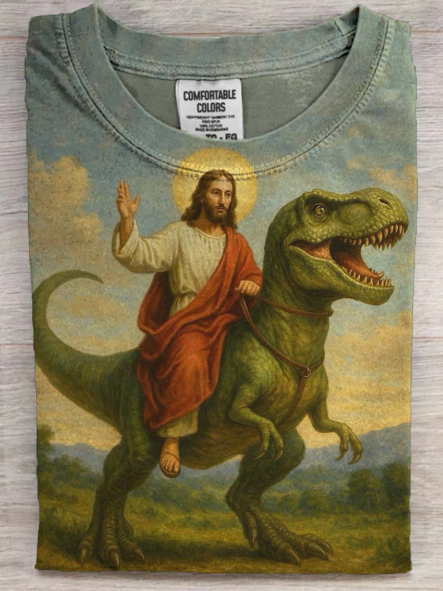 Camiseta de manga corta casual de la impresión divertida del dinosaurio de Jesús