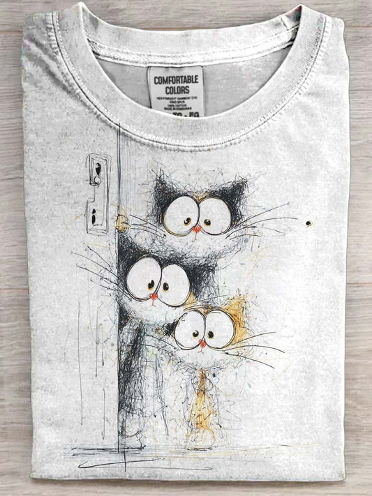 Camiseta de manga corta casual gato con estampado de línea