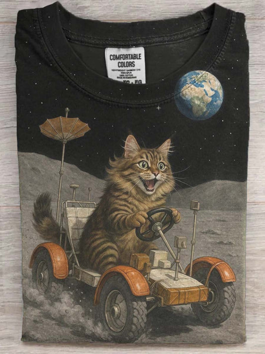 Divertido espacio exterior gato imprimir casual camiseta de manga corta