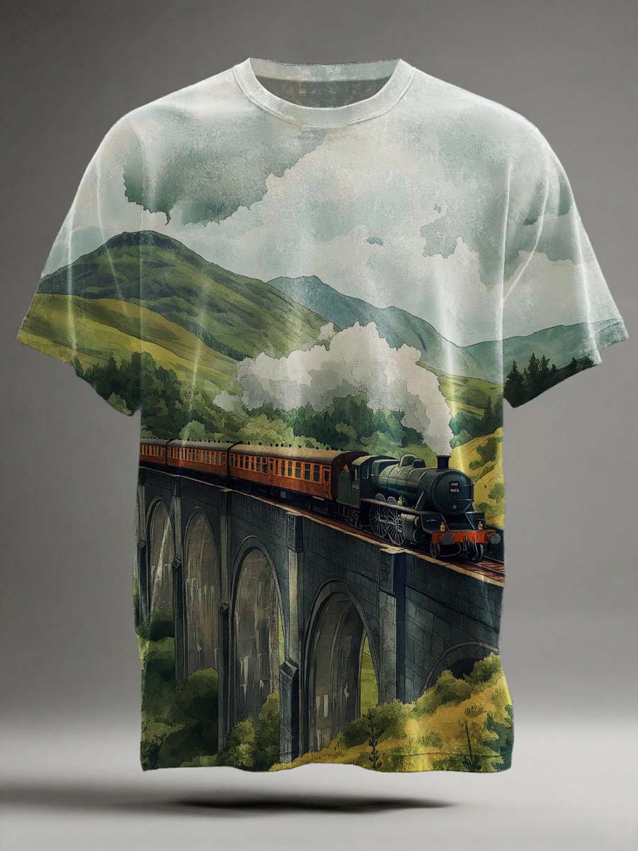 Steam Train Scenery Print Casual Camiseta de manga corta