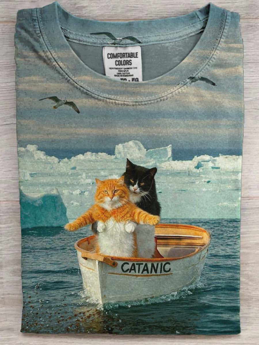 Camiseta de manga corta casual con estampado de gato divertido