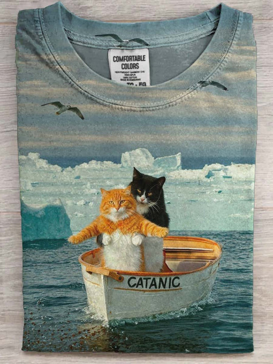 Camiseta de manga corta casual con estampado de gato divertido