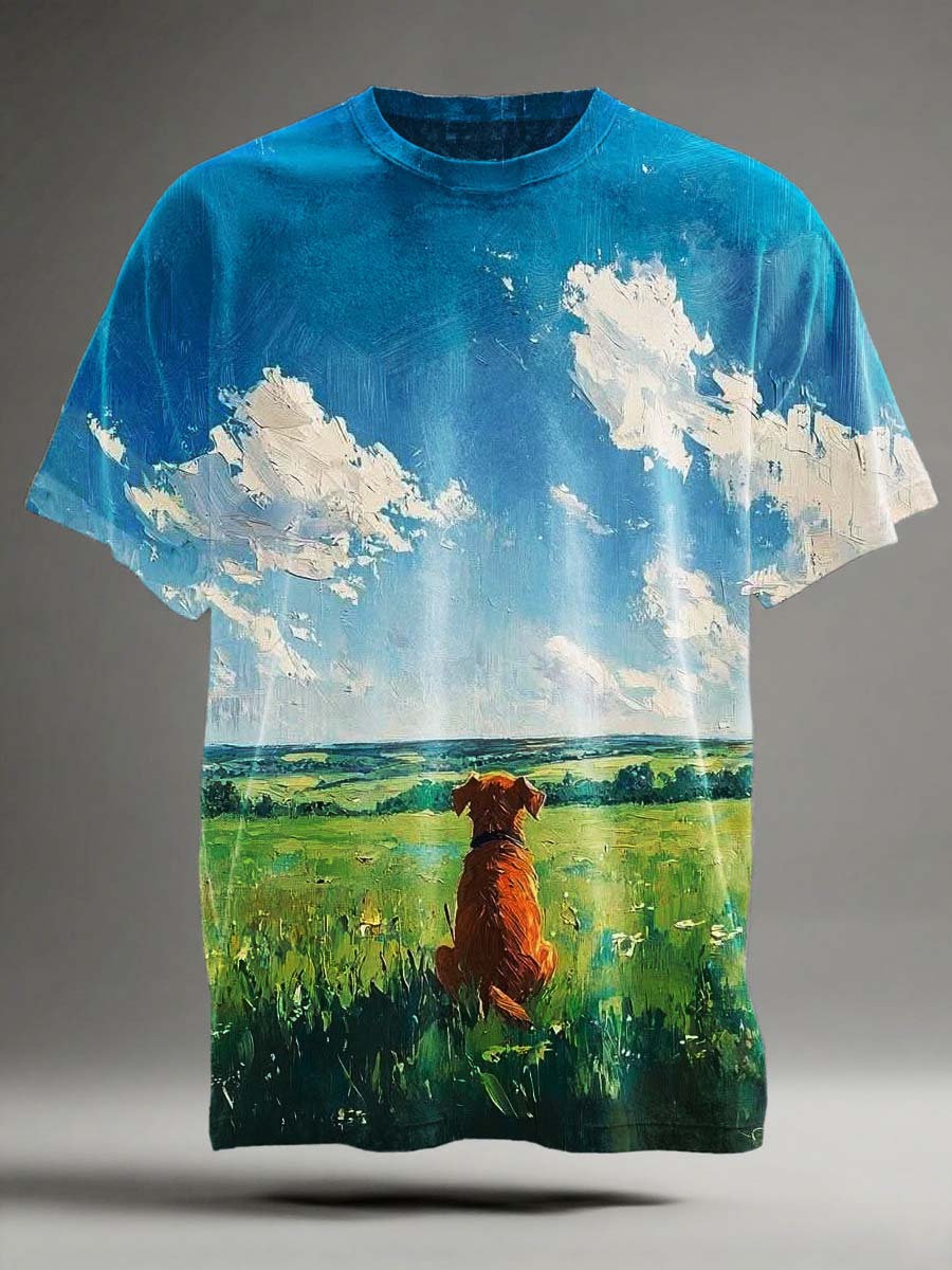 Puppy Blue Sky and White Clouds Landscape Print Camiseta casual de manga corta