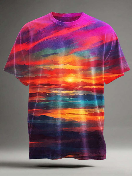 Camiseta de manga corta casual con estampado de paisaje al atardecer de ensueño