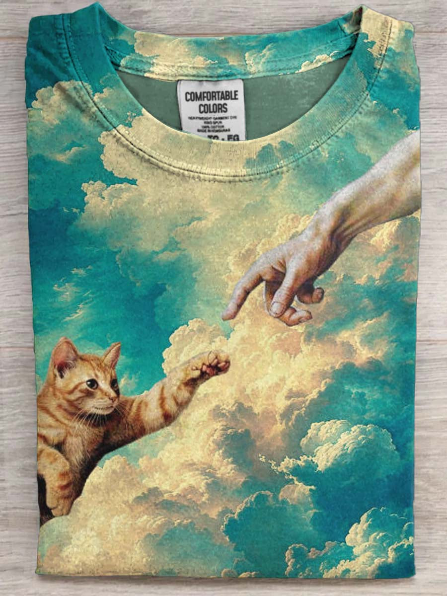 Camiseta de manga corta casual con estampado de gato divertido