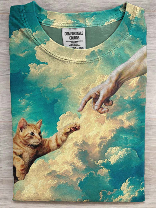 Camiseta de manga corta casual con estampado de gato divertido
