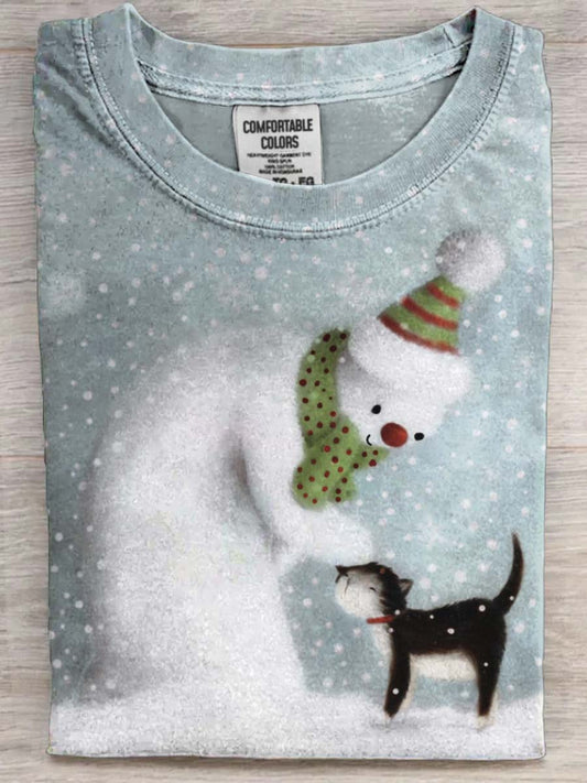 Snowman Cat Print Casual Camiseta de manga corta