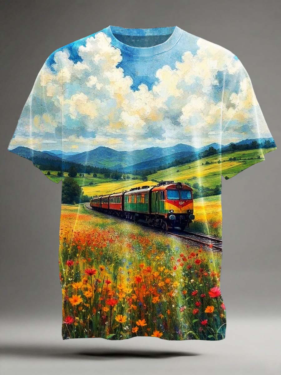 Countryside Scenery Train Print Camiseta de manga corta casual