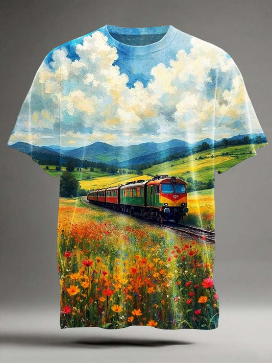 Countryside Scenery Train Print Camiseta de manga corta casual