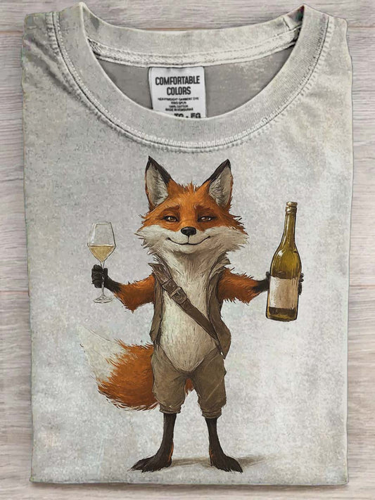 Drinking Fox Print Casual Camiseta de manga corta