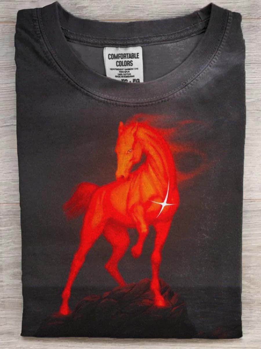 Camiseta de manga corta casual con estampado de caballo rojo abstracto