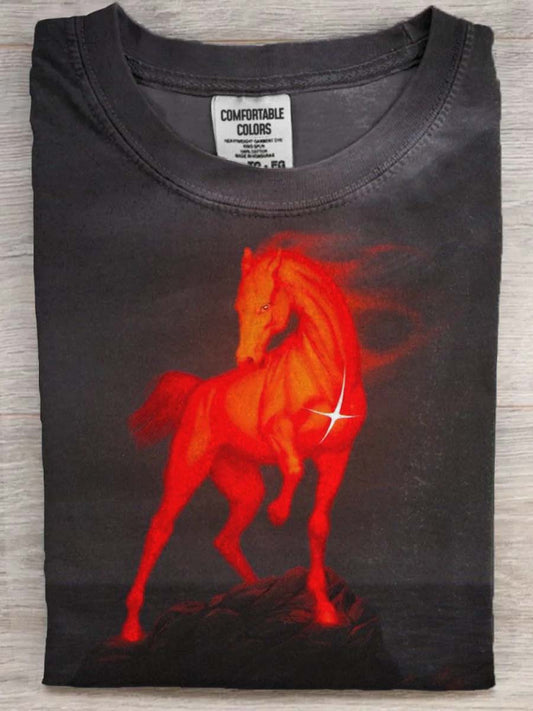 Camiseta de manga corta casual con estampado de caballo rojo abstracto