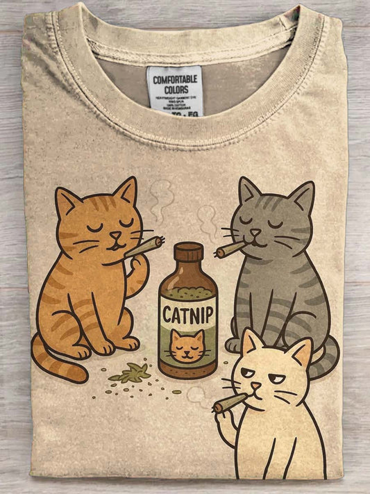 Camiseta de manga corta casual con estampado de gato divertido