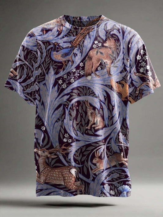 Camiseta de manga corta casual con estampado de animales de bosque retro