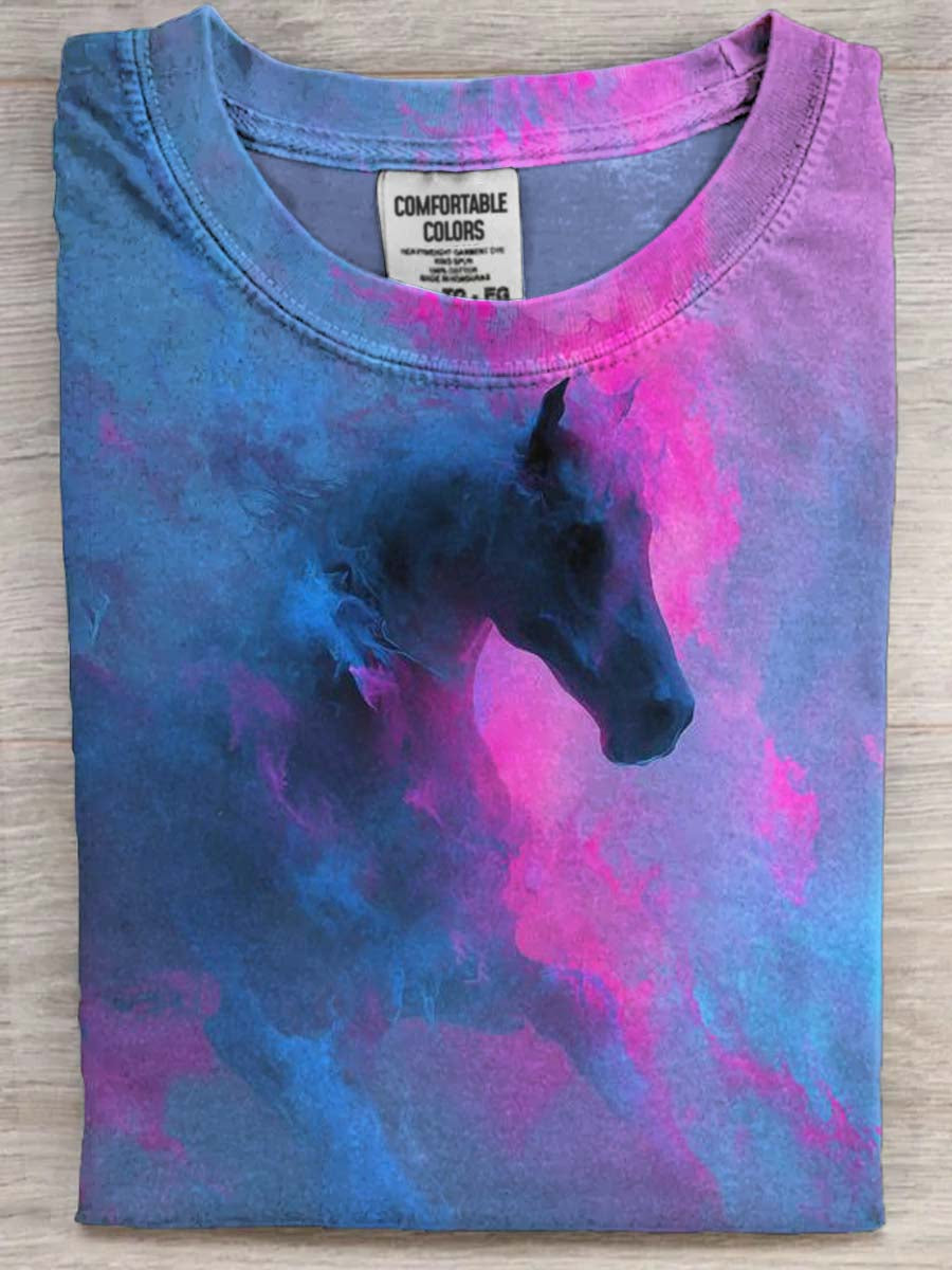 Camiseta de manga corta casual con estampado de caballo de niebla
