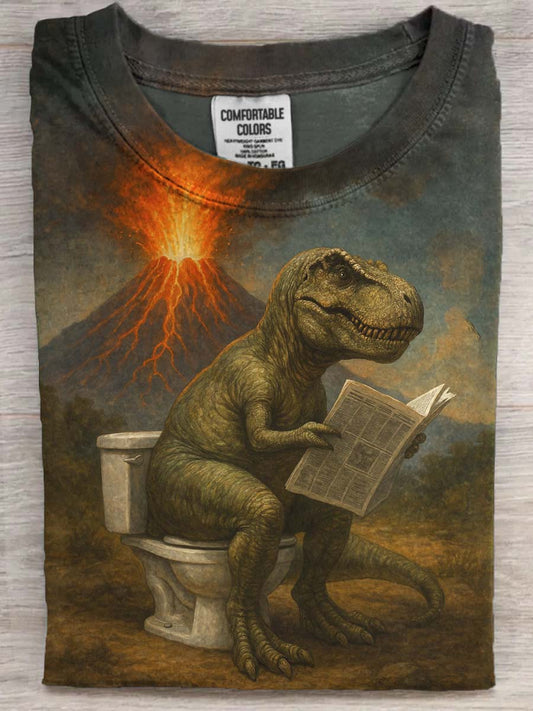 Divertido Volcán Dinosaurio Imprimir Casual Camiseta de manga corta