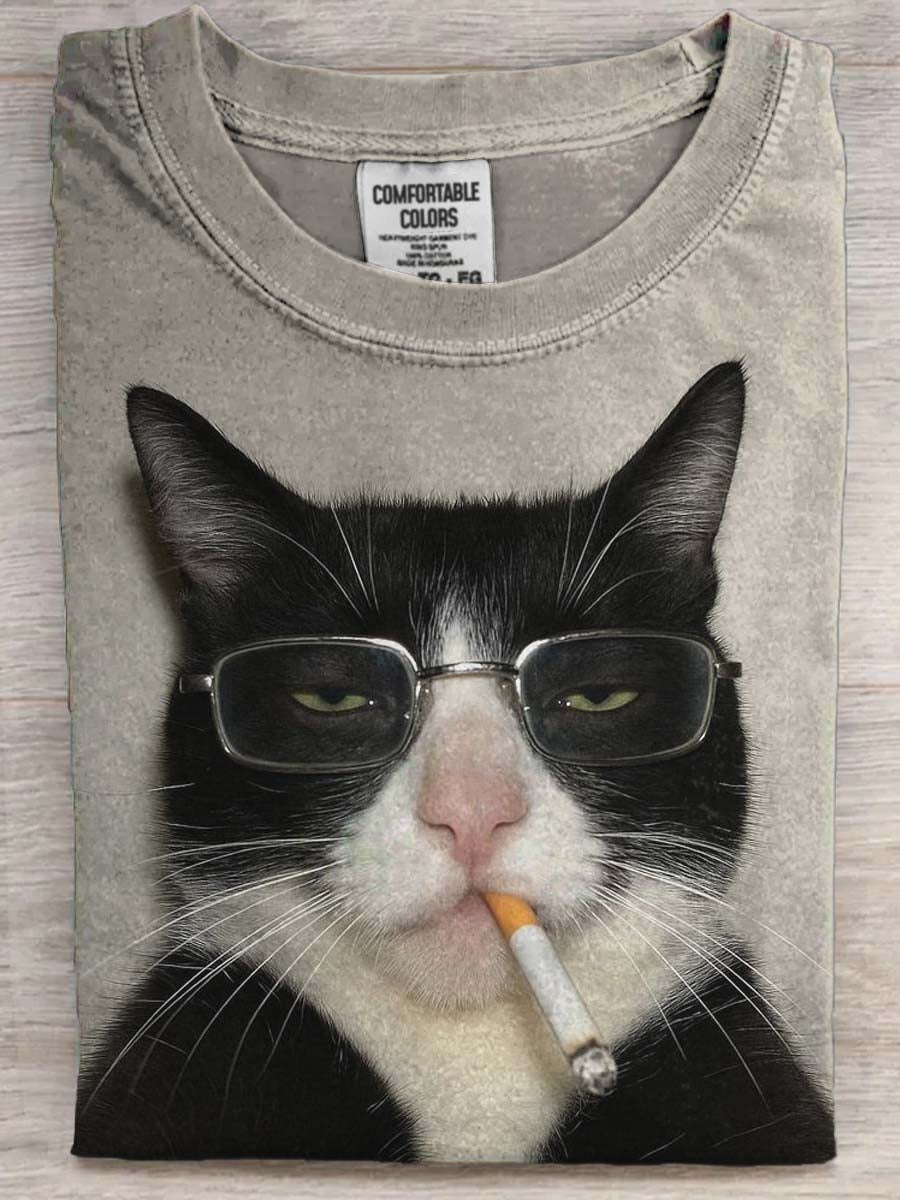 Funny Cat Smoking Print Casual camiseta de manga corta