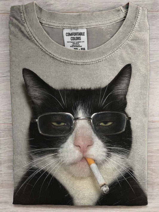 Funny Cat Smoking Print Casual camiseta de manga corta