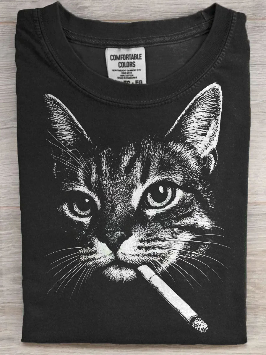 Funny Cat Smoking Print Casual camiseta de manga corta