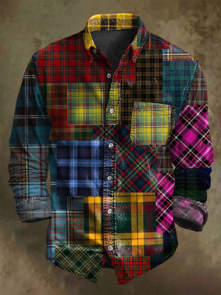 Camisa de manga larga con estampado de cuadros irregulares de patchwork retro