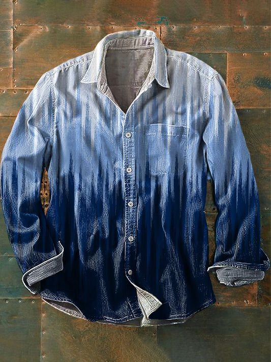 Camisa casual de algodón con estampado de arte azul degradado para hombre