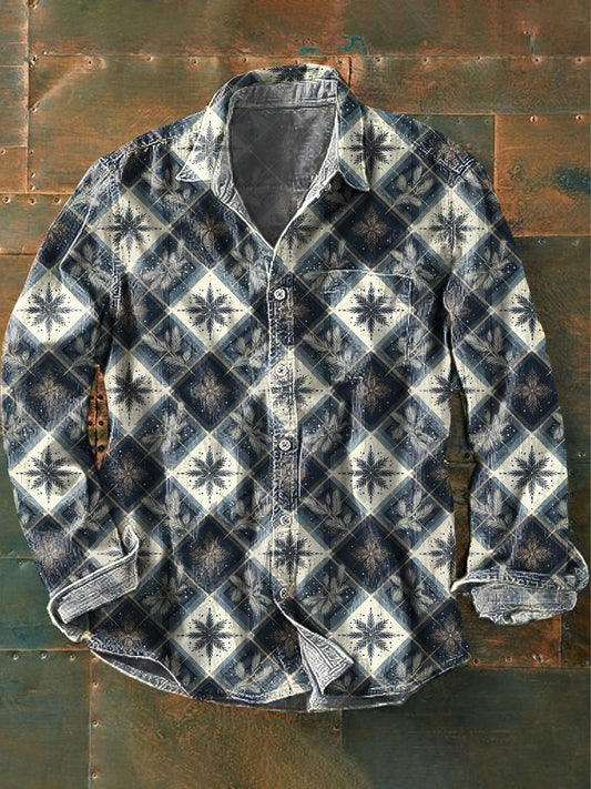 Camisa de algodón casual con estampado de arte de copo de nieve cuadrado de hombres