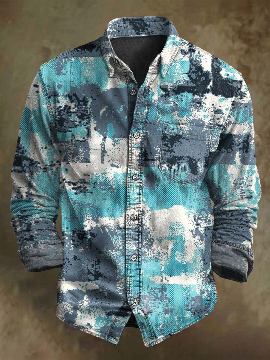 Camisa de manga larga casual con estampado de salpicaduras de bloque de color abstracto