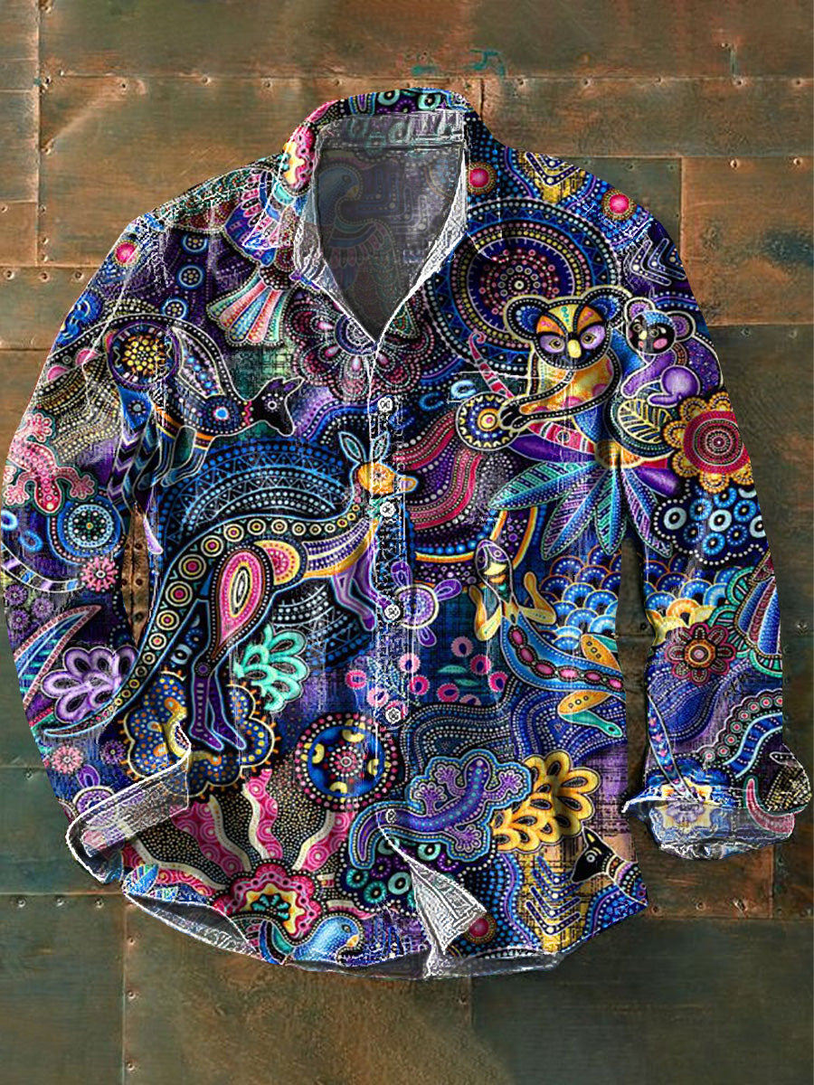 Kangaroo Koala de los hombres Punto irregular Impresión étnica Camisa de algodón casual
