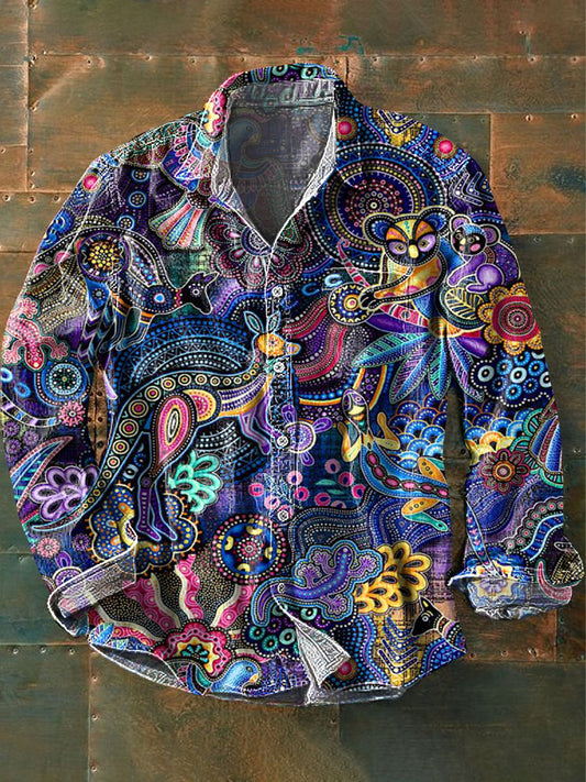 Kangaroo Koala de los hombres Punto irregular Impresión étnica Camisa de algodón casual