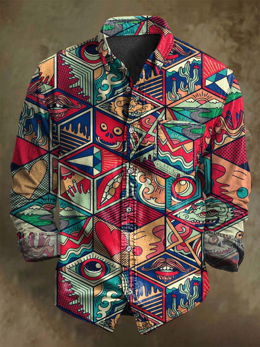 Camisa de manga larga informal geométrica patchwork abstracto calle