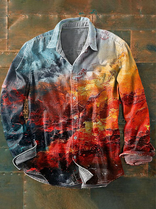 Camisa de algodón casual con estampado de arte de cielo de nube llameante para hombre