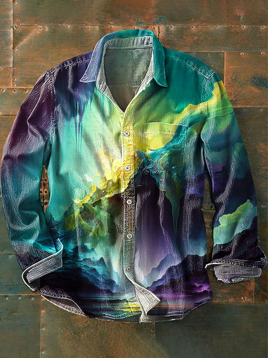 Camisa de algodón casual con estampado de paisaje natural de Aurora Forest para hombre