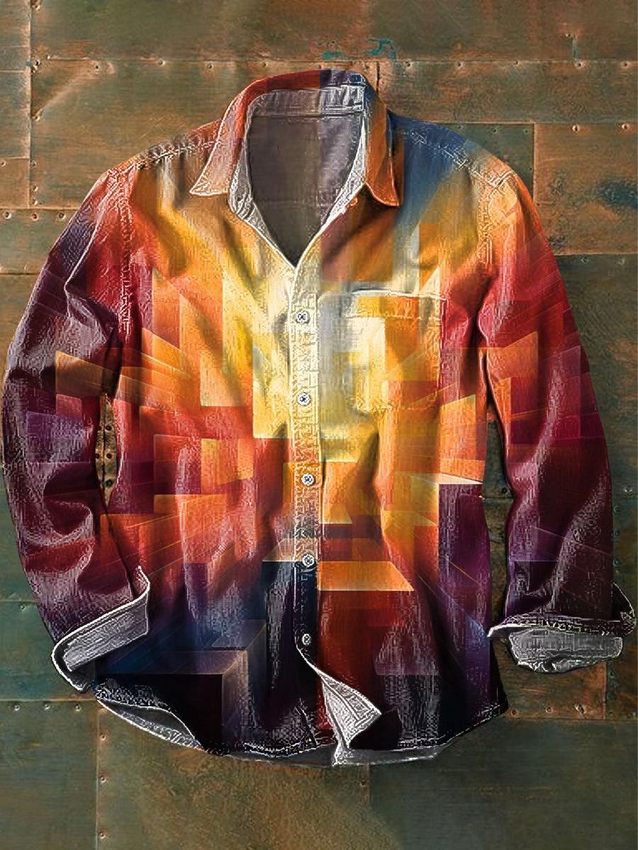 Camisa de algodón casual con estampado de arte irregular cálido cuadrado para hombres